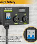 Four Prong NEMA 14 50R Dryer Splitter With Breaker 240V Auto Switch For Smart Charging Management That Puts Left Side First And Auto Rebalances Power For EVs And Home Dryers, wall-mounted black metal unit with 32A breaker