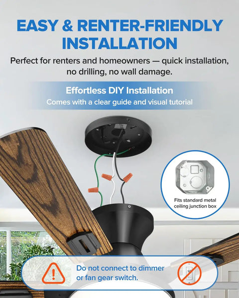 Easy installation guide for 52 Inch Ceiling Fan With Remote Control And Integrated Lighting Flush Mount Style With Real Wood Blades And Matte Black Finish.