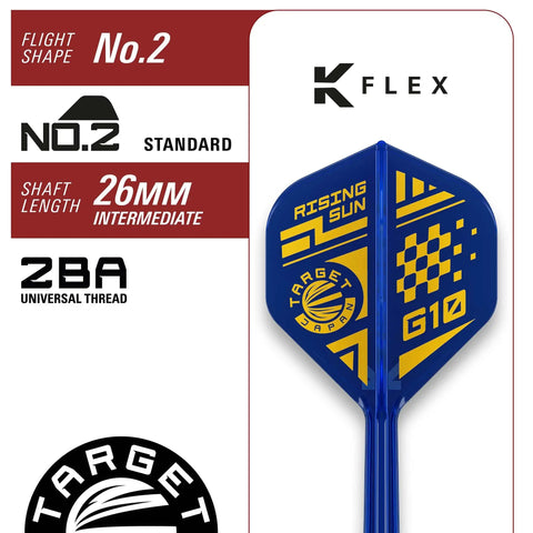 Rising Sun Gen 10 Steel Tip Darts with Kflex shaft, No.2 flight, and 26mm intermediate shaft for precise gameplay.