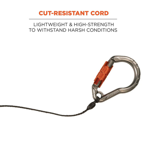 Retractable Tool Lanyard With Locking Carabiner For Belt Or Harness, Gray, showing cut-resistant cord and carabiner detail with text.