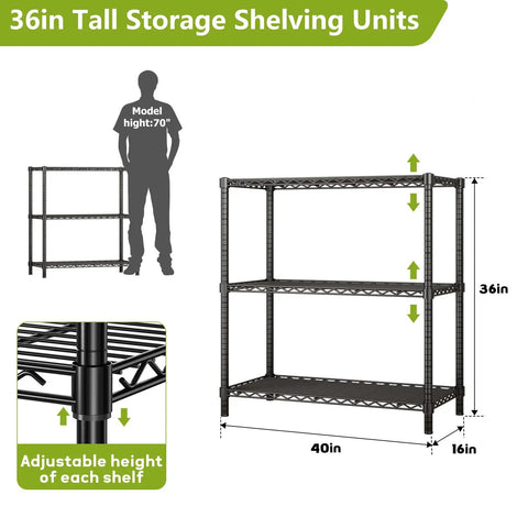 Beefy 3 Tier Wire Shelving Unit With 1200 Lbs Total Capacity And 400 Lbs Per Shelf, Heavy Duty Metal Storage Rack, 36in height, diagram.