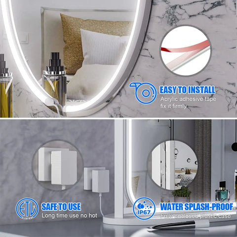 LED Vanity Light Strip for Mirror With 6000K Daylight White Glow, 6.56 Ft Dimmable Makeup Light showing adhesive and waterproof features