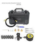 Portable Digital Hydraulic Accumulator Nitrogen Charging Kit with pressure gauge, valves, tubing, and tools on display