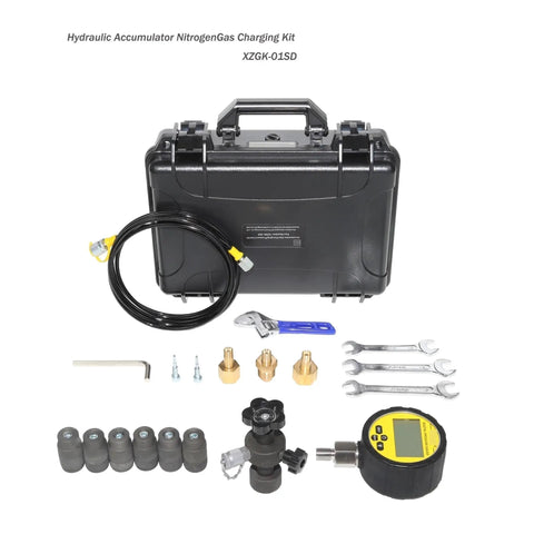 Portable Digital Hydraulic Accumulator Nitrogen Charging Kit with pressure gauge, valves, tubing, and tools on display