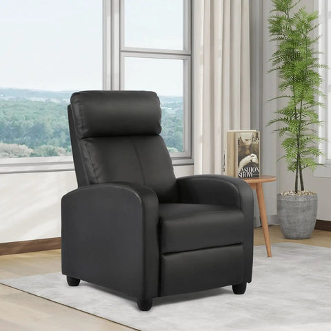 Recliner Chair Push Back Lounge Sofa for home theater and living room, black leather, padded seat and backrest, lumbar support