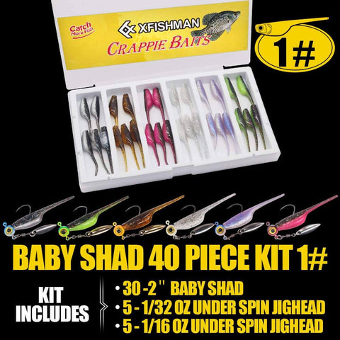 Crappie Fishing Kit With Baby Shad Soft Plastics And Spinner Jig Heads 40 Piece Crappie Panfish Lure Set Includes 30 Two Inch Shads In Six Colors And 10 Oversized Eye Jig Heads In One Sixteenth Ounce And One Thirty Second Ounce For Freshwater Angling box view