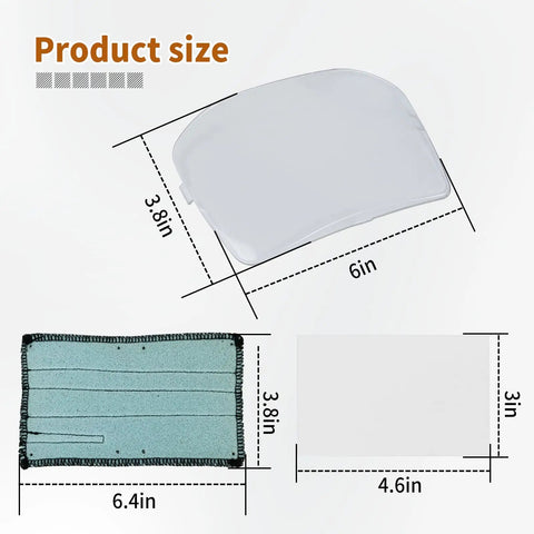Product size diagram showing components of Outside Replacement Lenses For 9100XX And 9100XXVI Helmet Hood Kit, various measurements visible.