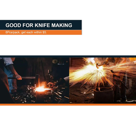 Blacksmith forging 80CRV2 Steel Flat Stock For Knife Making Bladesmithing And Forging Projects with sparks flying.