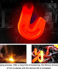 Rock Solid Vertical Plate Lift Heavy Duty Sheet Steel Clamp with a red hook shown in forging process, displaying robust construction and safety features.