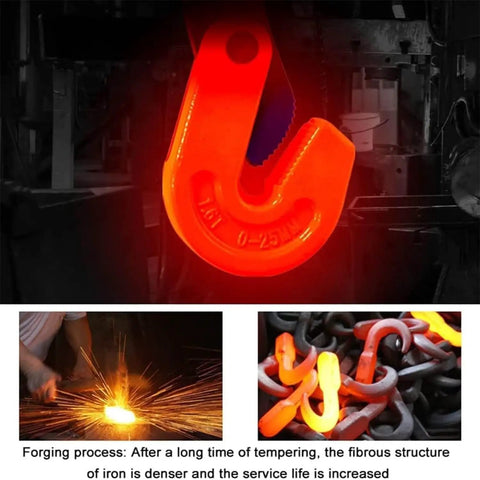 Rock Solid Vertical Plate Lift Heavy Duty Sheet Steel Clamp with a red hook shown in forging process, displaying robust construction and safety features.