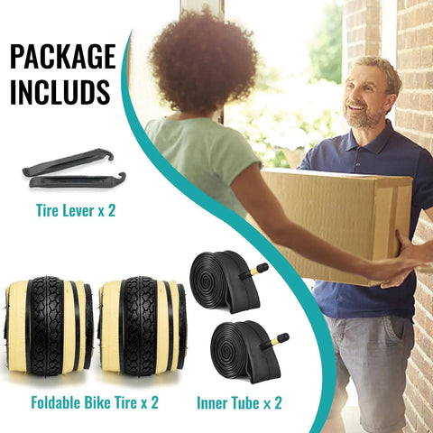 Two Pack 26 By 1 And Three Eighths Inch Folding Bike Tires With Inner Tubes And Tire Levers For Vintage Urban Bicycles Schrader Valve