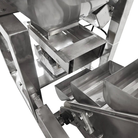 Close-up view of the rugged 220V 1 phase bucket elevator material conveyor showing stainless steel construction and hoppers.