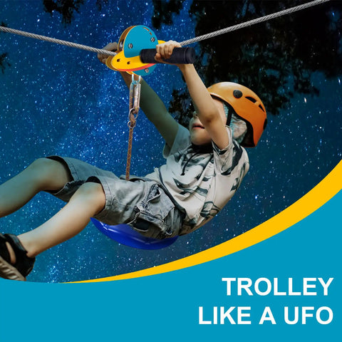 Child enjoying Backyard Zip Line Kit For Kids And Adults With 75 100 120 And 150 Ft Trolley Options 350 Lb Weight Capacity.