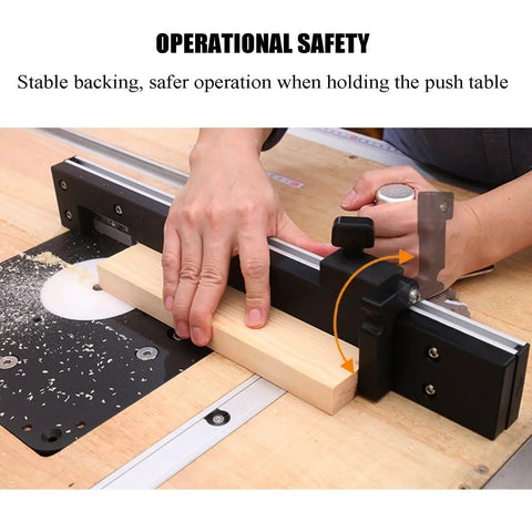 Rock Solid 450mm Table Saw Miter Gauge With Extended Fence Precision Repeat Cut Stop Anti Wobble Design Left Right 60 Degree Bevel in use for cutting wood.