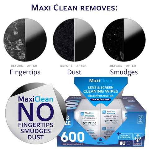 MaxiClean lens and screen cleaning wipes, 600 pre-moistened, individually wrapped for eyeglasses, phones, and screens.