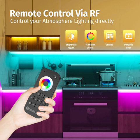 Hand holding RF remote for Dope 2.4G Wireless 5 Channel RGB CCT LED Controller With RF Remote, kitchen LED strip lights displayed