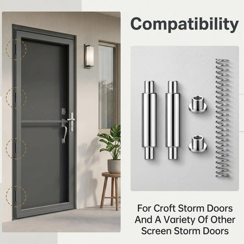 4 Pack Storm Door Hinge Replacement Kit With Aluminum Hinges And Steel Spring Pins for storm doors showing parts and door.