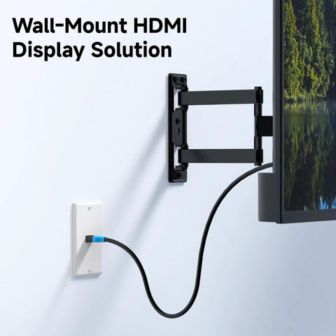 Premium 4K HDMI Wall Plate Two Pack One Port Socket Plug And Play For Home Theater And Gaming With High Speed Video Transmission And 18 Gbps Bandwidth For Rock Solid Audio Pass Through In Classic White, wall-mounted, HDMI cable connected.