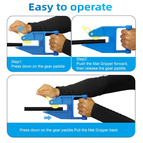 Heavy Duty Mat Grippers Pair For Easy Rubber Mat Moving Anti Slip Teeth And Reinforced Jaws Lock Mats Tightly Back Saving Lift For Horse Stalls Gym Floors Barns And Trailers Keeps Thick Mats From Slipping, blue mat gripper in use