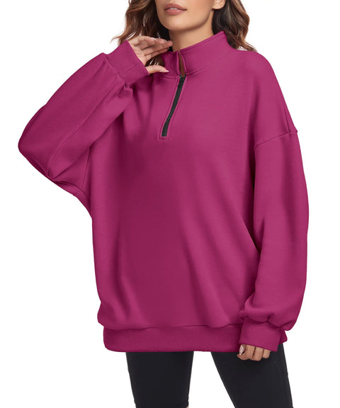 Super Cozy Rose Red Oversized Sweatshirt For Women Half Zip Pullover Top Casual Long Sleeve Fleece Sweatshirt Soft Cotton Polyester Blend