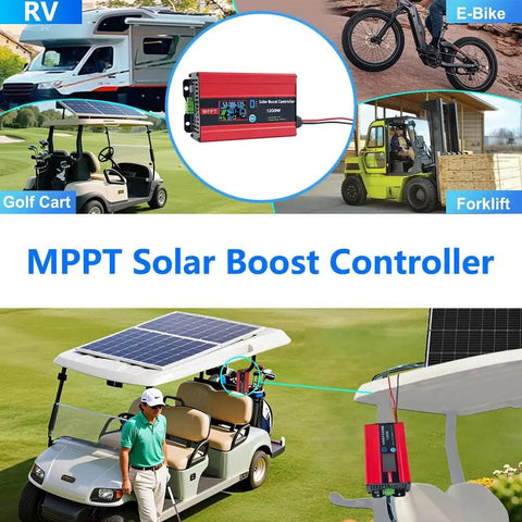 Diagram showing applications of High-Efficiency MPPT Solar Charge Controller 30A 1200W for RVs, e-bikes, golf carts, and forklifts.