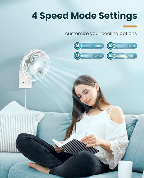 Dope 8 Inch Wall Mounted Fan With Remote, 90 Degree Oscillation, Four Speed Settings shown above woman sitting on couch