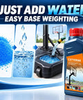 Heavy Duty Weighted Gel For Basketball Hoop Base replaces 675 lbs of sand, showing water activation process for easy setup.