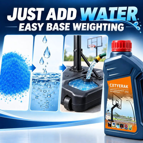 Heavy Duty Weighted Gel For Basketball Hoop Base replaces 675 lbs of sand, showing water activation process for easy setup.