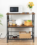 Do It All Kitchen Island With Power Outlet And Storage, 35.4 Inch Long Three Tier Coffee Station And Microwave Stand, Rustic Brown And Black Finish For Home Or Dining Room with decor items and microwave on top