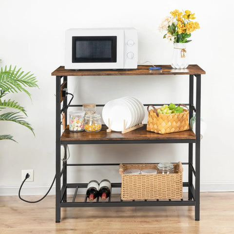 Do It All Kitchen Island With Power Outlet And Storage, 35.4 Inch Long Three Tier Coffee Station And Microwave Stand, Rustic Brown And Black Finish For Home Or Dining Room with decor items and microwave on top