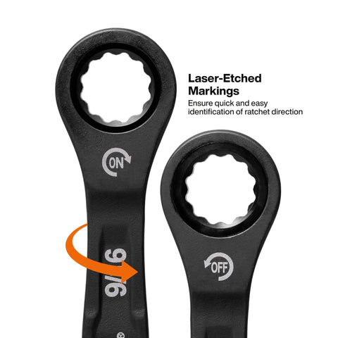 Close-up of 5/16 and 9/16 inch wrenches from Ratcheting SAE Wrench Set 8 Piece 5/16 To 3/4 Inch With 90 Tooth Ratchet And Steel Alloy Build