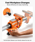 Heavy Duty Bench Vise In Beast Mode With 6 Inch Jaw Width, Double Swivel Rotating Head, Locking Base For Garage Upgrades, Rock Solid Ductile Iron Workhorse For Everyday Grinds with quick-release lever in use.