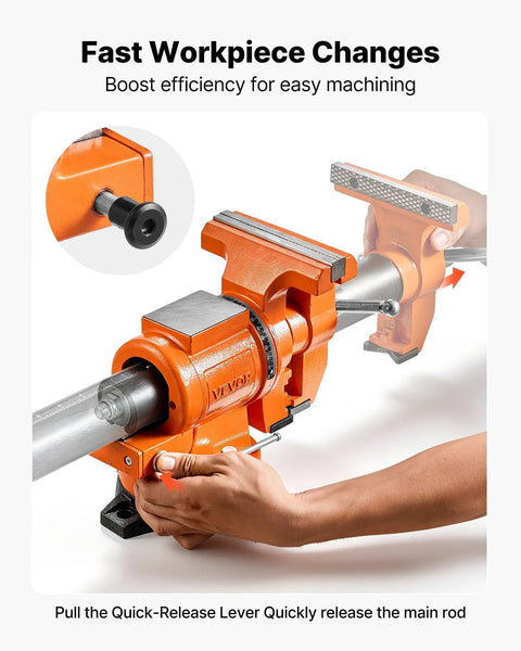 Heavy Duty Bench Vise In Beast Mode With 6 Inch Jaw Width, Double Swivel Rotating Head, Locking Base For Garage Upgrades, Rock Solid Ductile Iron Workhorse For Everyday Grinds with quick-release lever in use.