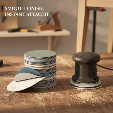 Heavy Duty Aluminum Oxide Sanding Discs With Flexible Backing For Tough Cutting And Smooth Finishes On Wood Metal Or Paint That Resist Tearing And Conform Perfectly To Weird Shapes Without Gunking Up Your Drill Today, shown with a sander on a workbench.