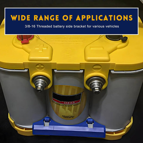 Four Piece Side Battery Terminal Bolts Featuring 3/8 Inch 16 Thread Fitment And Heavy Duty Carbon Steel Battery Post Extension Screws For Cars on a yellow battery.