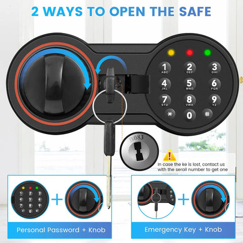 Close-up of keypad and key lock on Compact Home Safe With Alarm System, showing password and emergency access options.