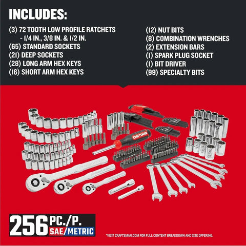256 Piece Mechanics Tool Set With 72 Tooth Low Profile Ratchet And 2 Drawer Tool Box Pro Grade All In One Kit displayed