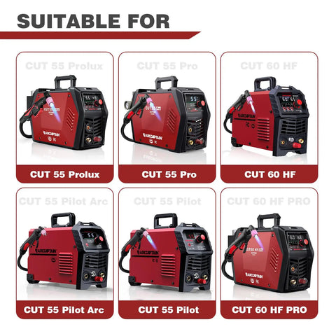 Compatible models for AG 60 Plasma Cutter Torch Consumables Kit 50 Pieces Includes 0.040 Inch Nozzles Electrodes Shield Cups And Wire Spacer Guides For Easy Swaps CUT55 PRO CUT55 PROLUX CUT60HF WSD 60 SG 55 shown: CUT 55 Prolux, CUT 55 Pro, CUT 60 HF, CUT 55 Pilot Arc, CUT 55 Pilot, CUT 60 HF PRO.