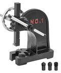 1 Ton Manual Arbor Press With Handwheel Built To Last Heavy Duty Desktop Press For Precision Stamping Bending And Forming On Cast Iron Frame 5.9 Inch Stroke Great For Leather Jewelry Aluminum And ID Card Projects, shown in front view on a cast iron frame.