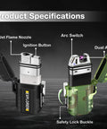 2 Pack Waterproof Lighters For Outdoors, Windproof Torch And USB Rechargeable Arc Lighters, shown with product specifications.