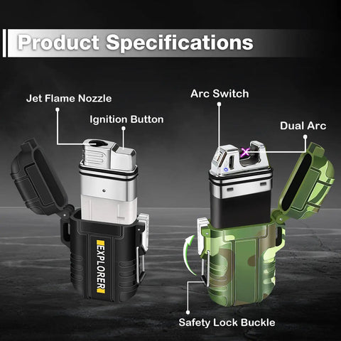 2 Pack Waterproof Lighters For Outdoors, Windproof Torch And USB Rechargeable Arc Lighters, shown with product specifications.