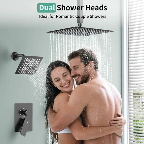 Top Shelf Matte Black Shower Faucet Set Featuring Dual Shower Heads And Wide Ceiling Rainfall Paired With Adjustable Handheld Spray For Dead Simple Setup And Insane Home Spa Vibes