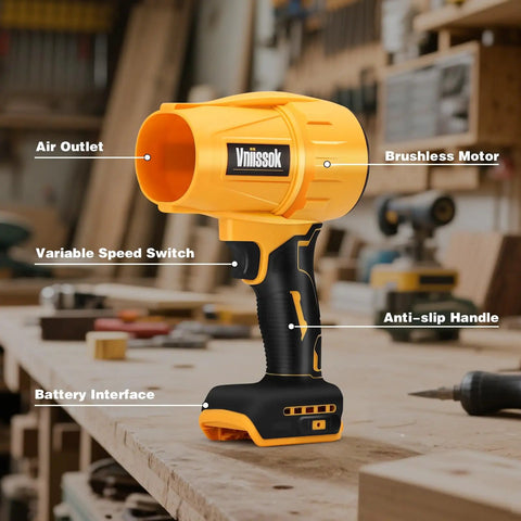 Cordless 20V Max Leaf Blower with high speed brushless motor shown on a workshop table, detailed view of air outlet and switch.