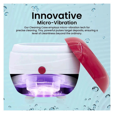 Portable Ultrasonic Denture And Retainer Cleaner Case With Automatic Wash Feature And Built In Filter for precise cleaning of dental gear.