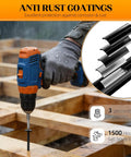 Premium Heavy Duty Deck Screws 50 Pack 14 By 8 Inch Black Epoxy Coated Fasteners With Kickin Rust Resistance For Outdoor Building and Acq Treated Lumber Framing Jobs being installed with a drill over wood frame.