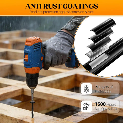 Premium Heavy Duty Deck Screws 50 Pack 14 By 8 Inch Black Epoxy Coated Fasteners With Kickin Rust Resistance For Outdoor Building and Acq Treated Lumber Framing Jobs being installed with a drill over wood frame.