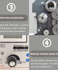 Control panel and metal gears of Hardcore Mini Metal Lathe 7x12 Inch Benchtop Workhorse with variable speed settings.