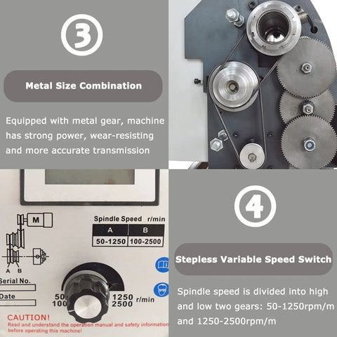 Control panel and metal gears of Hardcore Mini Metal Lathe 7x12 Inch Benchtop Workhorse with variable speed settings.
