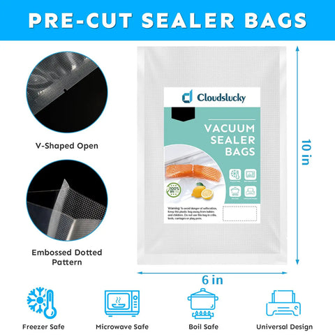 Heavy Duty Vacuum Sealer Bags For Food Storage 6x10 Inch Pint Size 100 Count Pre Cut BPA Free Textured Bags packaging