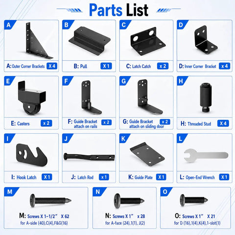 Heavy Duty Sliding Gate Kit With Anti Sag Roll Wheels For Deck And Driveway Gates Universal Fit For 1 To 2 Inch Wood Fences Smooth Quiet Operation Gate Hardware For Easy Setup And Reliable Gate Movement No Fuss. Parts list with brackets, casters, latch and screws